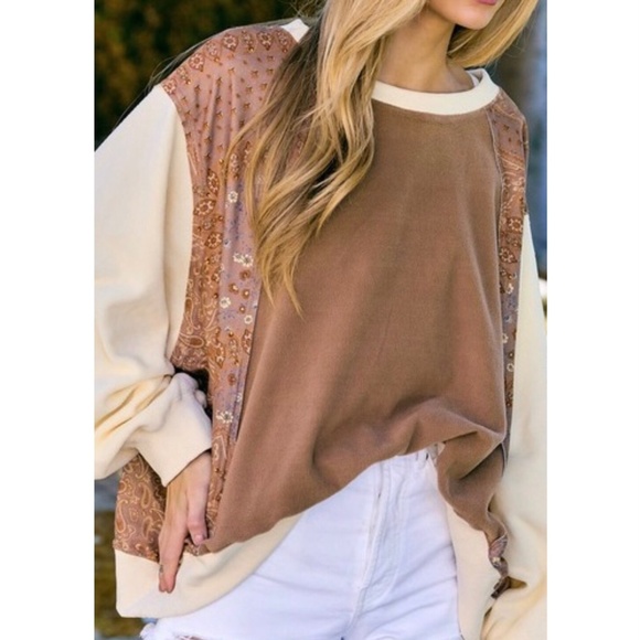 DAVI & DANI Plus Size Rust Cream Solid & Boho Print Oversized Pullover - Picture 2 of 9